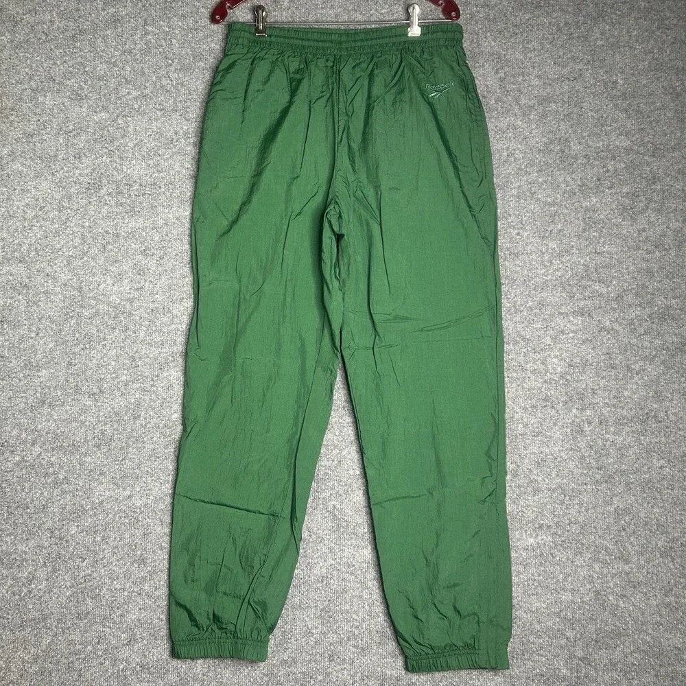 Vintage 90's Reebok Nylon‎ Track Pants Size Medium Green Logo Embroidered
